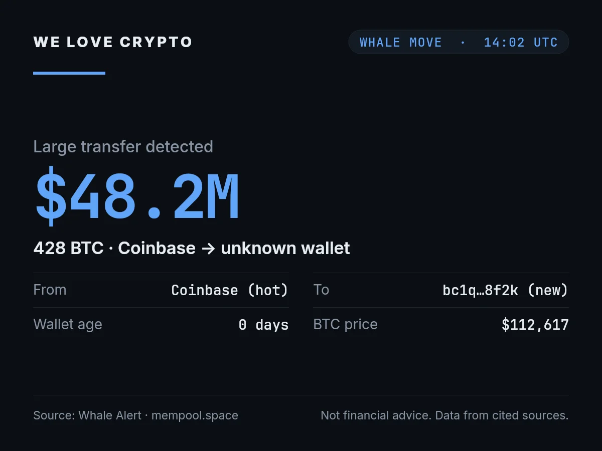 Example Whale Move card: 428 BTC worth 48.2 million dollars moved from Coinbase to an unknown wallet at 14:02 UTC